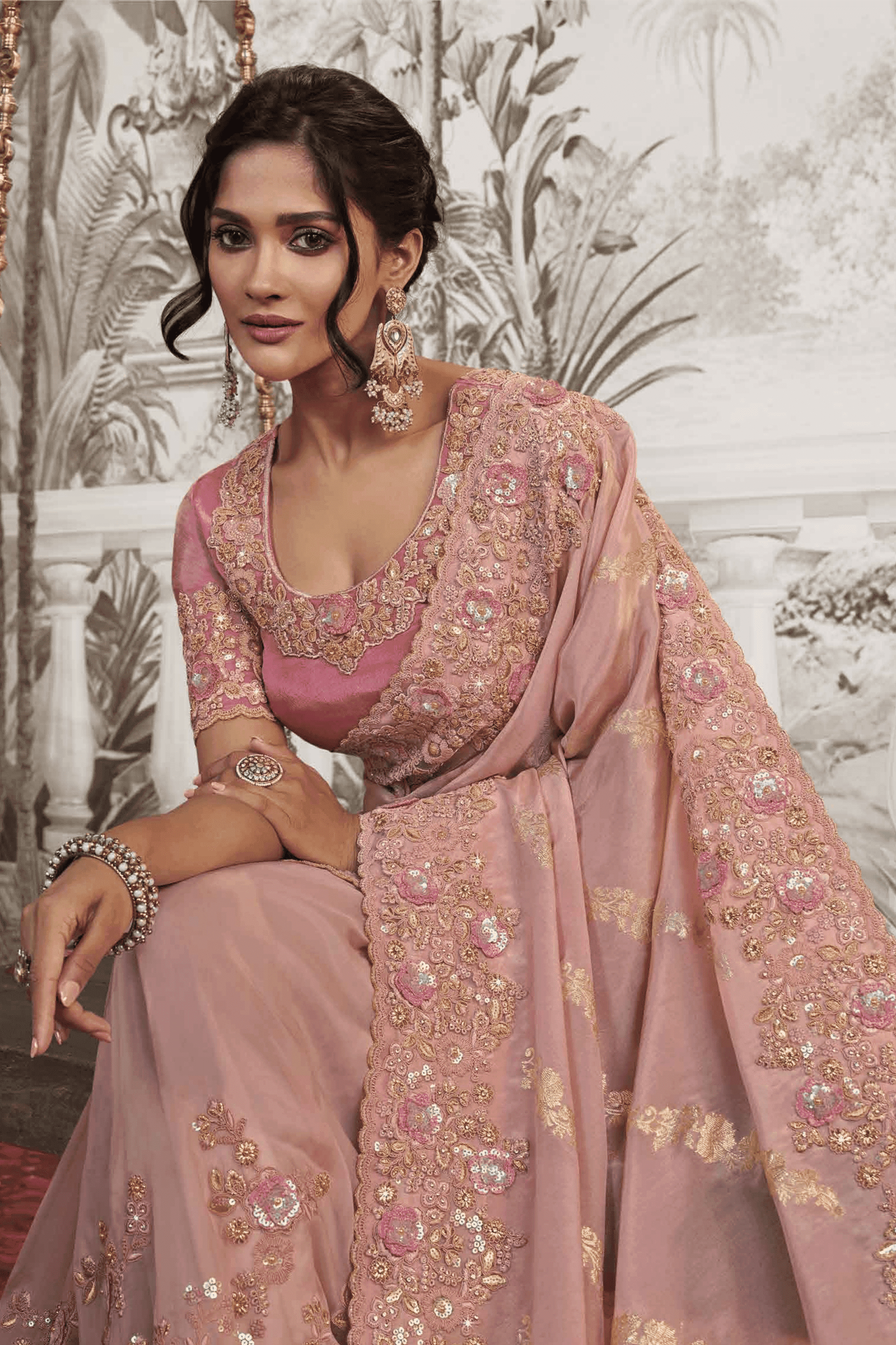 Light Pink Saree in Silk with Golden Woven Border and Pallu