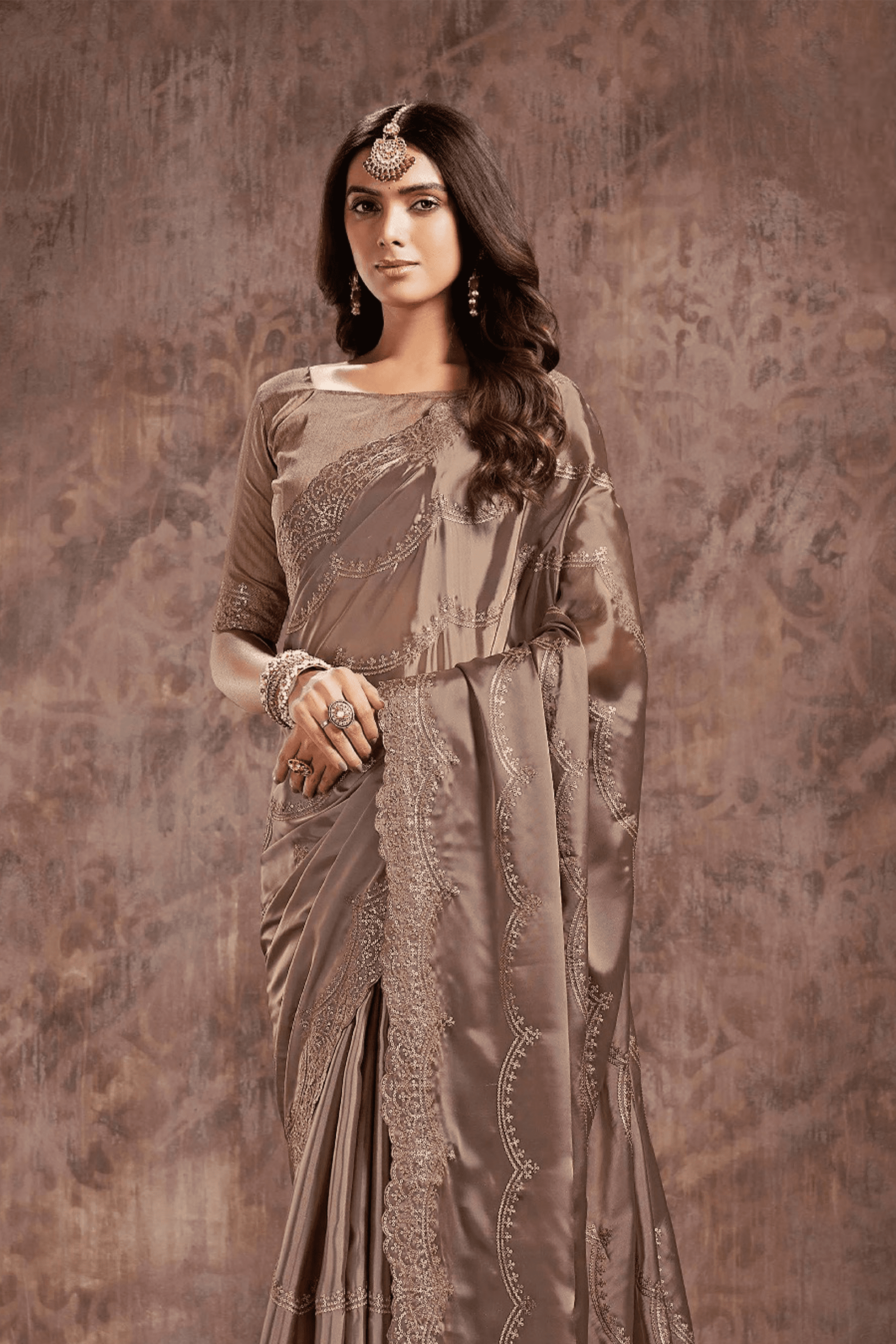 Designer Fashions Lace Lycra Dark Brown Saree|SARV150885