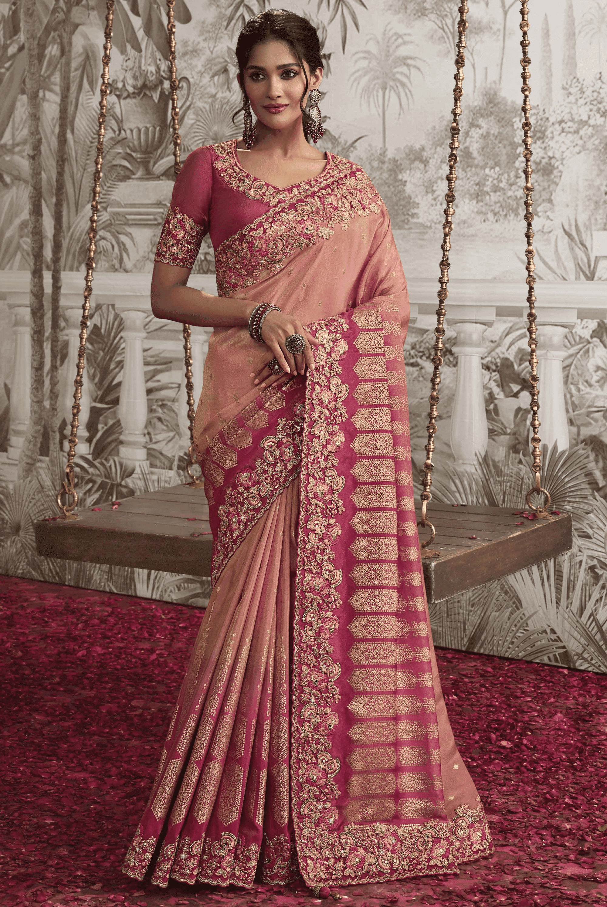 Coral Peach Silk Saree with Contrast Blouse