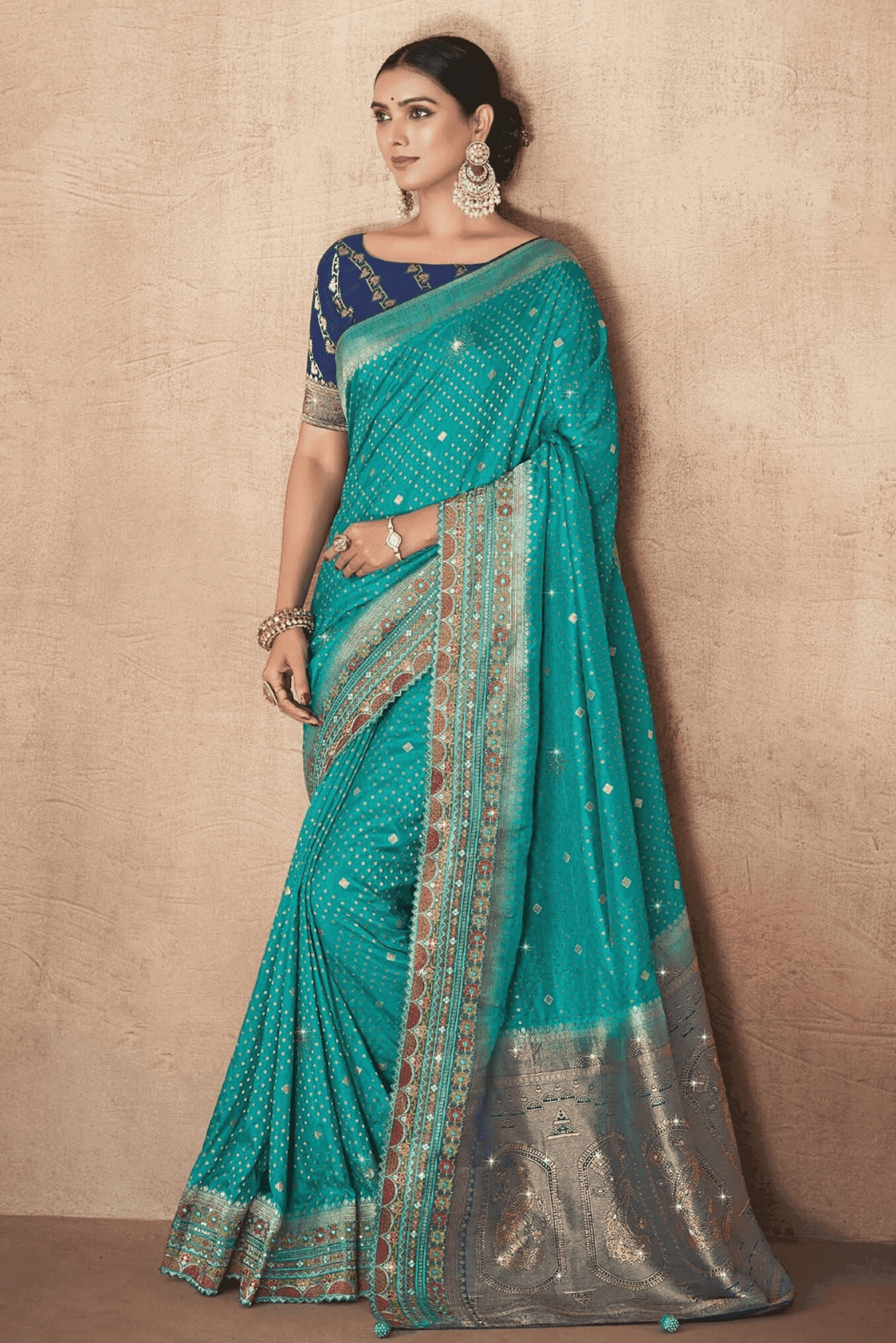 Fabulous Parrot Green Color Soft Silk Base Ceremonial Wear Saree With Navy Blue  Color Blouse