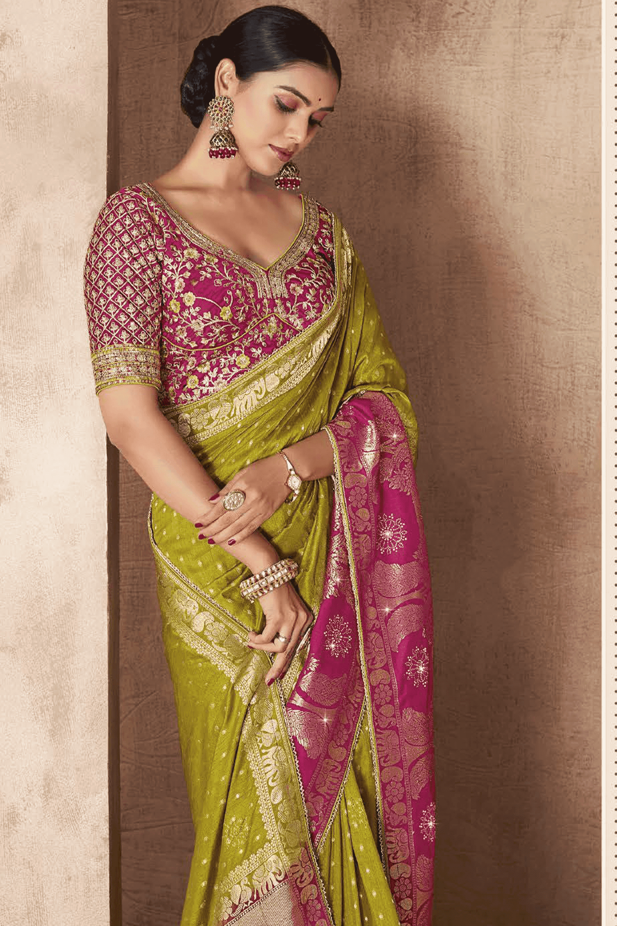 Green Silk Wedding Saree Designer Pink Blouse – RawaazFashion