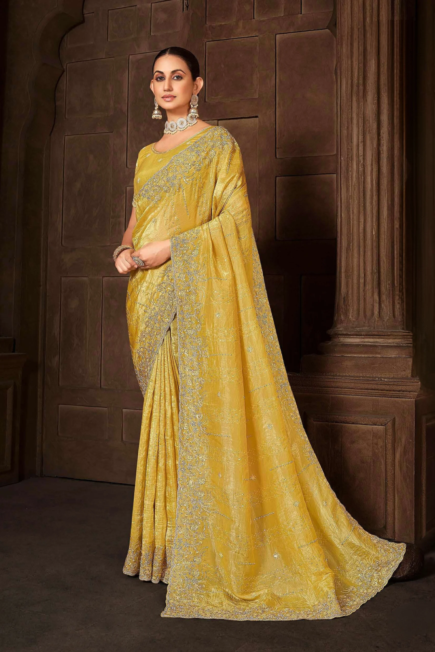 Buy HOUSE OF JAMOTI Sunflower Yellow Mirror Work Saree with Unstitched  Blouse online