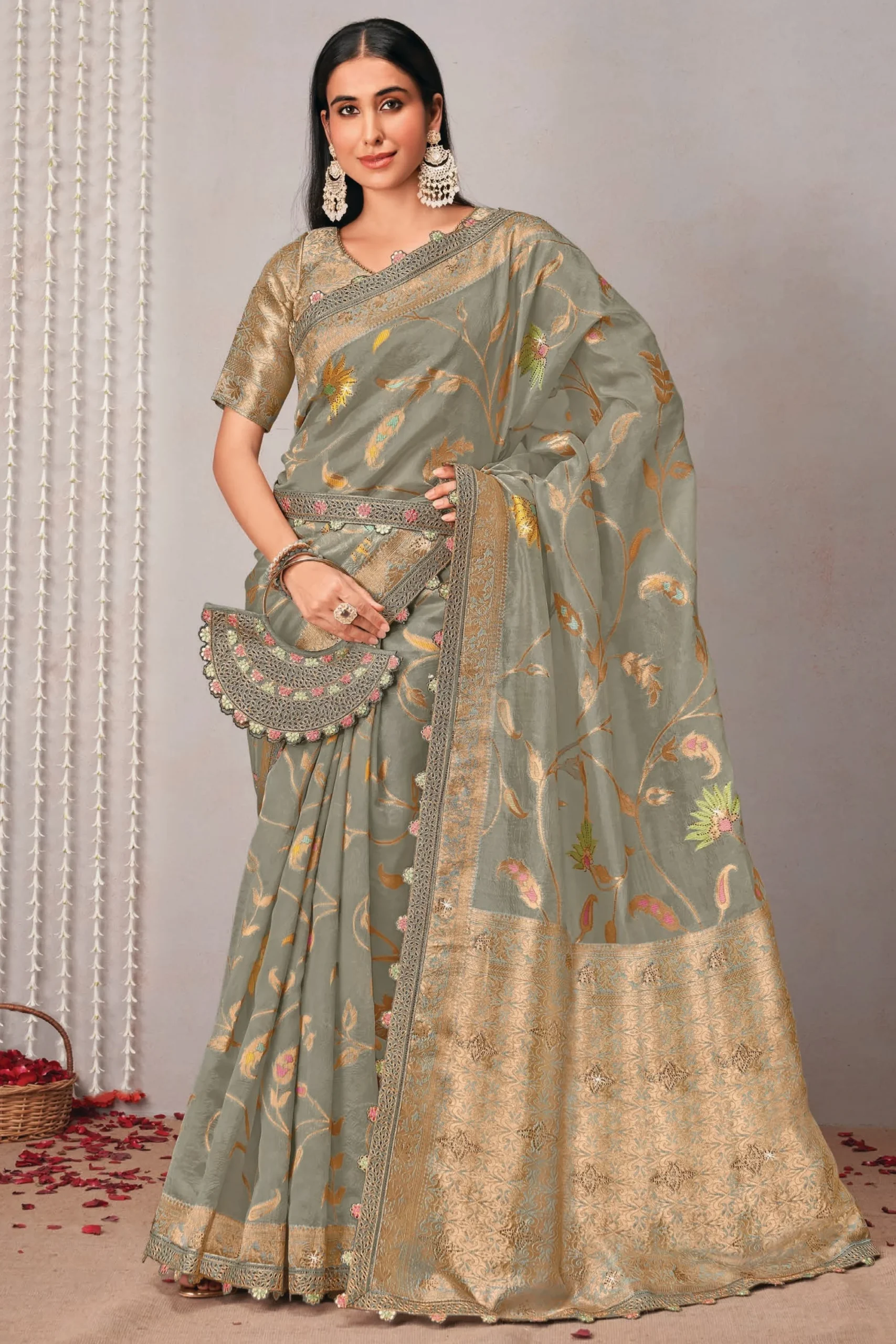 Woven Organza Grey Contemporary Saree